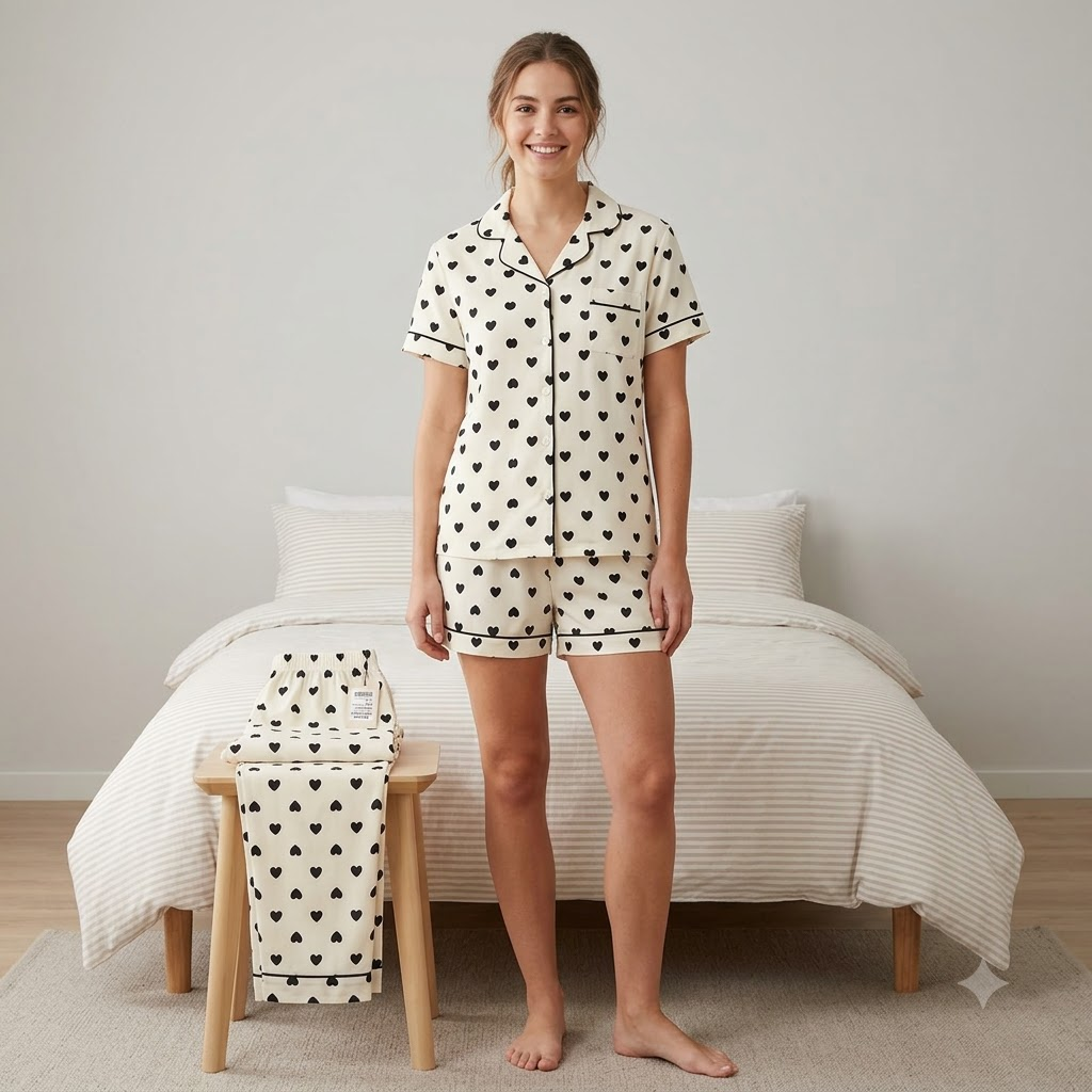 COTTON PJ SET WITH SHORTS-HEART PRINT
