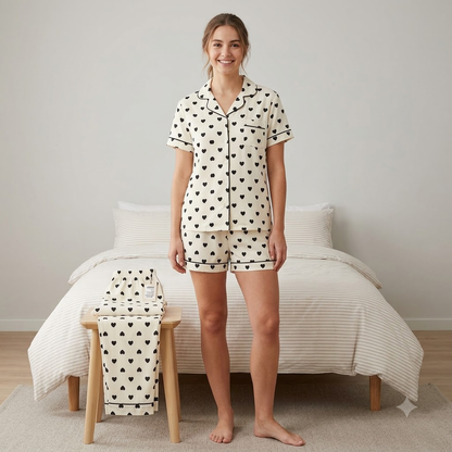 COTTON PJ SET WITH SHORTS-HEART PRINT