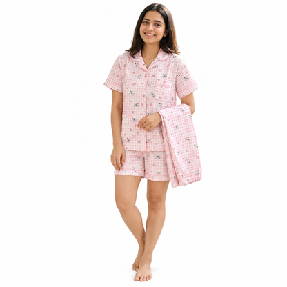 PJ SET WITH SHORTS-CHECKED PINK