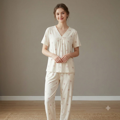 V NECK CRAPE PJ SET-CHARMFED FLUFF STRAWBERRY