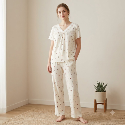 V NECK CRAPE PJ SET-CHARMFED FLUFF CHERRY PRINT