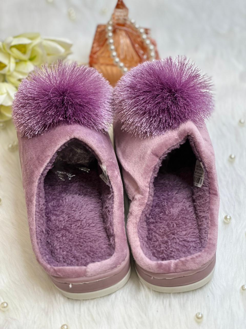 Velvet PomPom Cozy Slippers