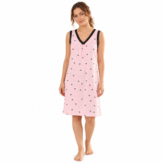 ICESILK V NECK SHORTY-SL-BOW WITH HEART -PINK