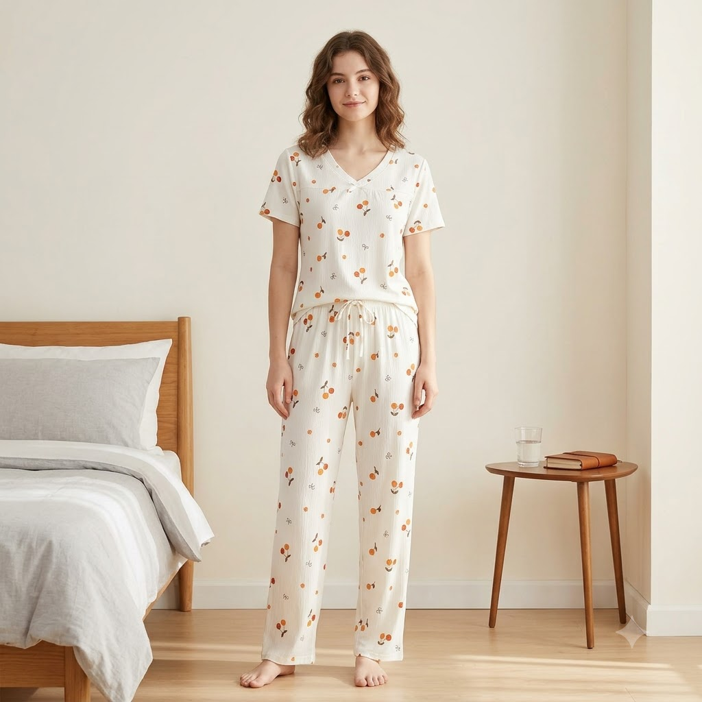 V NECK CRAPE PJ SET-CHARMFED FLUFF FLOWER