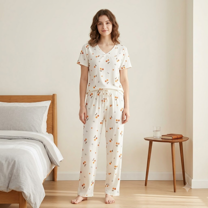V NECK CRAPE PJ SET-CHARMFED FLUFF FLOWER