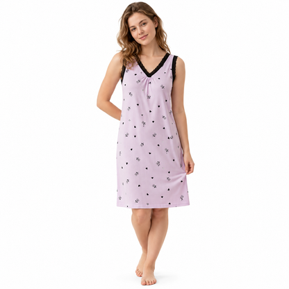 ICESILK V NECK SHORTY-SL-BOW PRINT HEART WITH LEAF-PURPLE