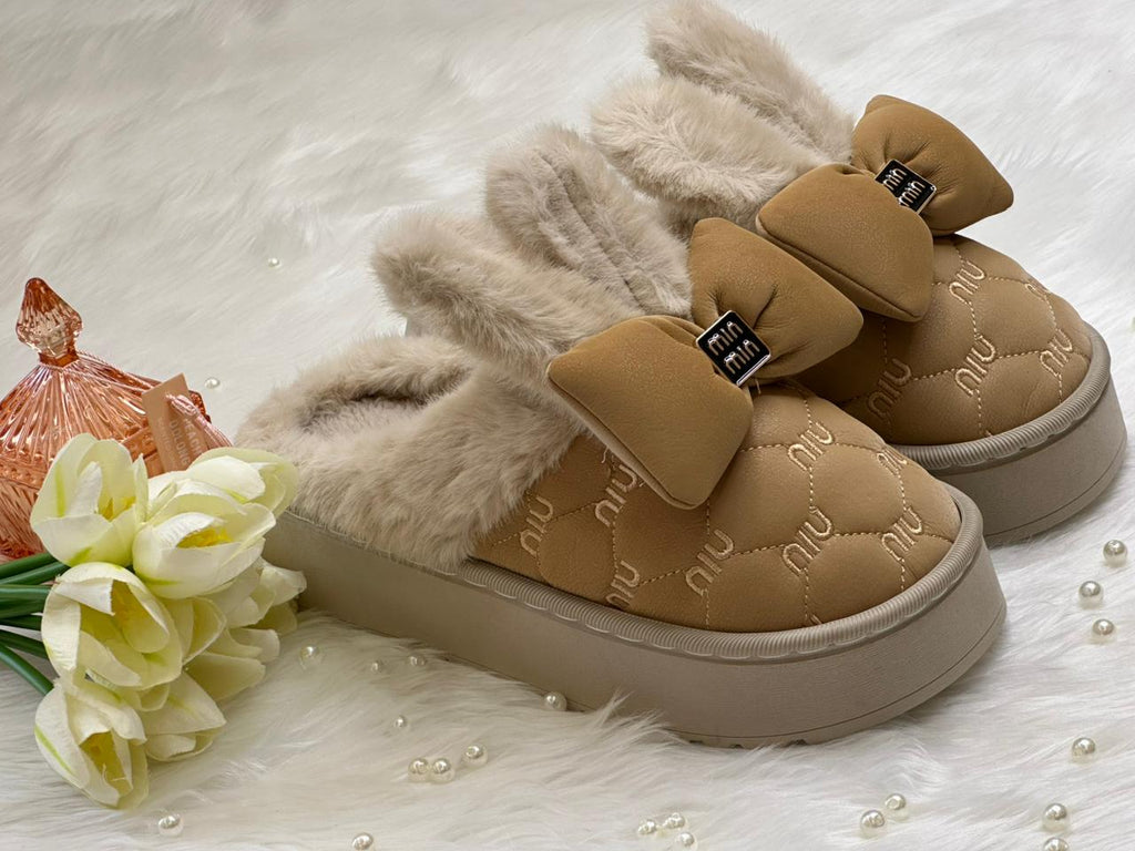 Velvet Beige Bow Cozy Slippers