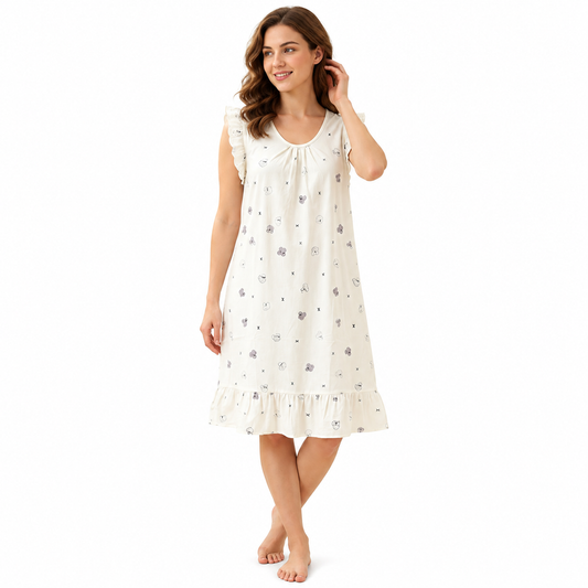 ROUND NECK COTTON SHORTY-GRID BEAR CREAM