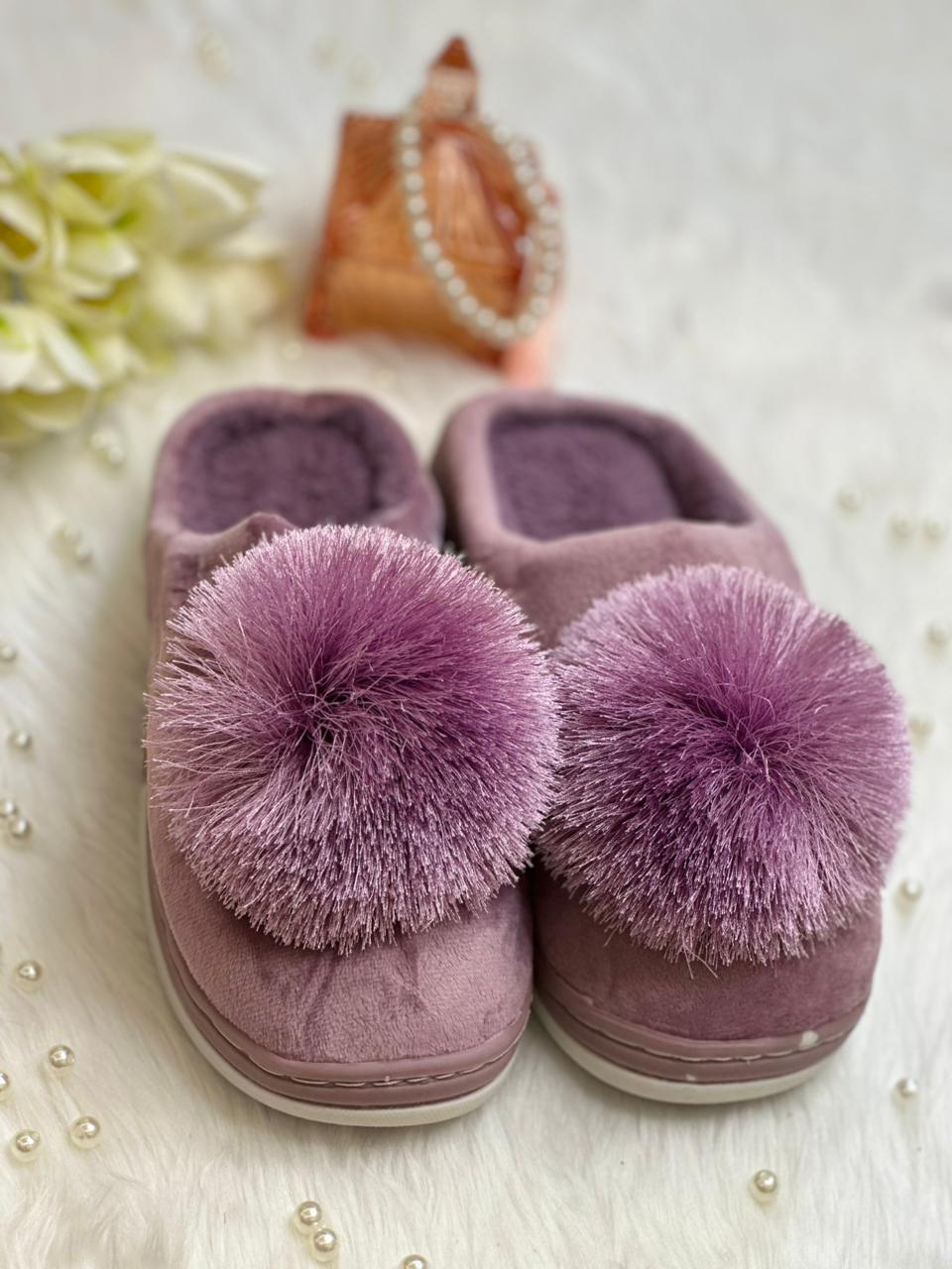 Velvet PomPom Cozy Slippers