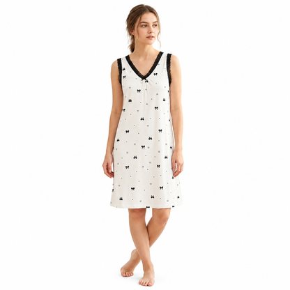 ICESILK V NECK SHORTY-SL-BOW WITH HEART -WHITE