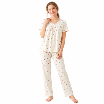 V NECK CRAPE PJ SET-CHARMFED FLUFF CHERRY PRINT