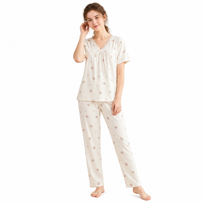 V NECK CRAPE PJ SET-CHARMFED FLUFF STRAWBERRY