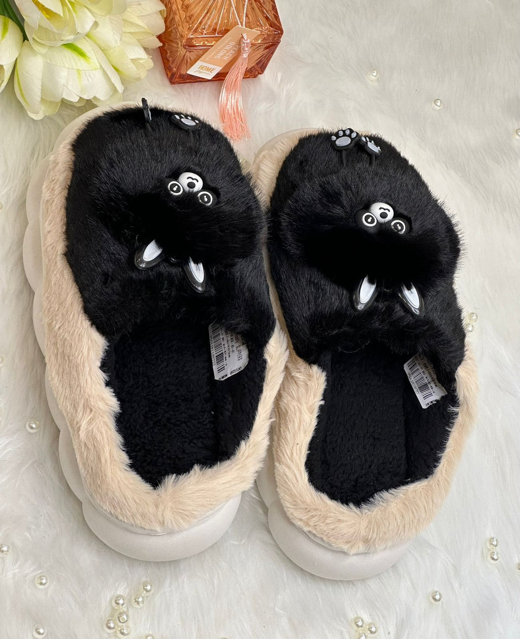 Midnight Fluffy Cat Cozy Slippers